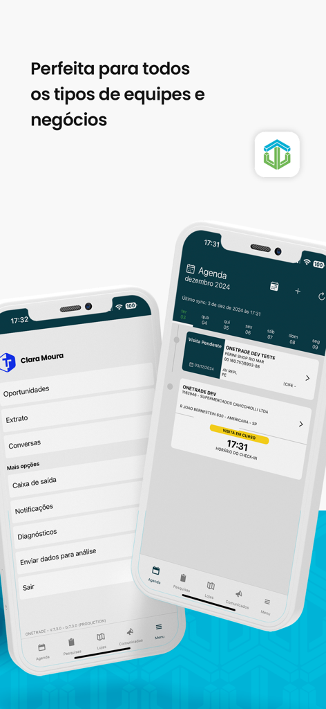 Onetrade - Onetrade app screenshots showing field team schedule and management menu