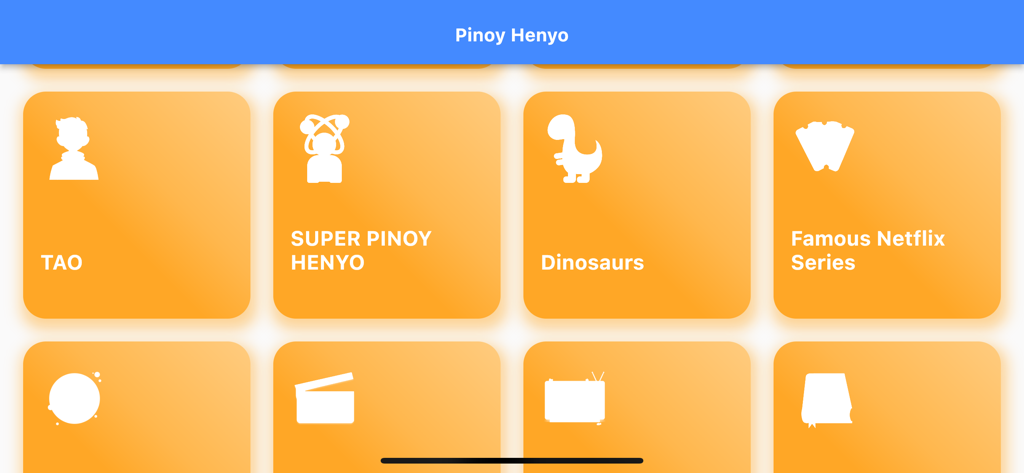 A selection of game categories in the Pinoy Henyo Word Game app including Tao, Dinosaurs, and Famous Netflix Series