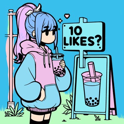 girl with oversized hoodie drinking boba and she has a high ponytail with a sign that says 10likes?