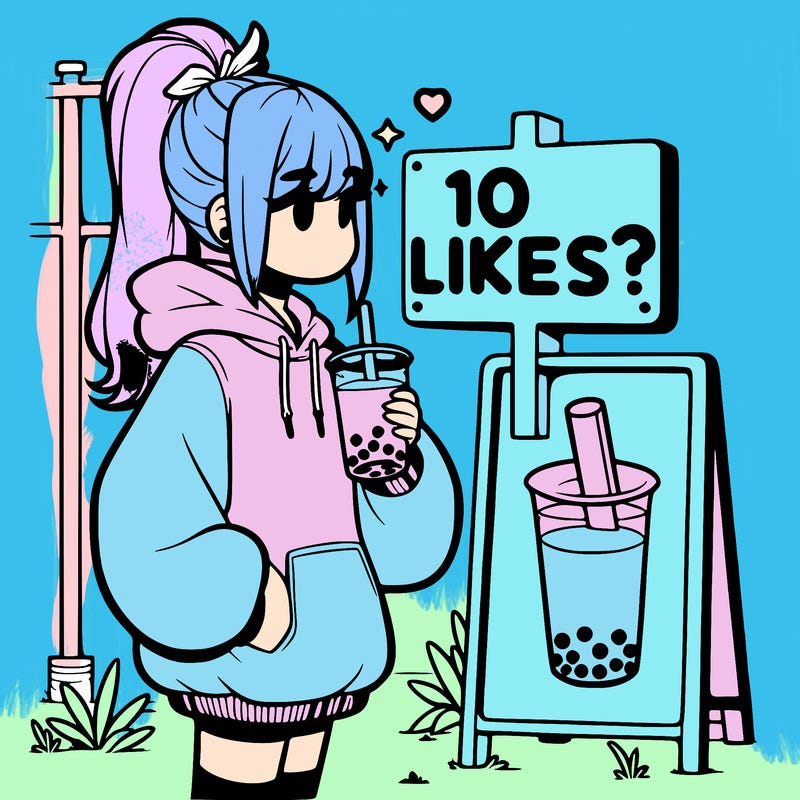 girl with oversized hoodie drinking boba and she has a high ponytail with a sign that says 10likes?