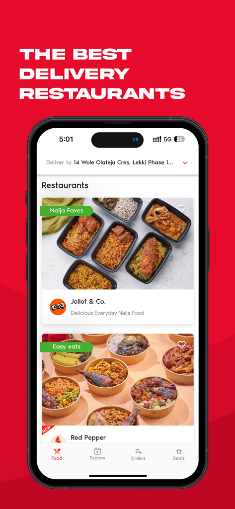 FoodCourt: Food Delivery+ - Interface of the FoodCourt app showing various restaurant listings like Jollof and Co and Red Pepper in Lagos
