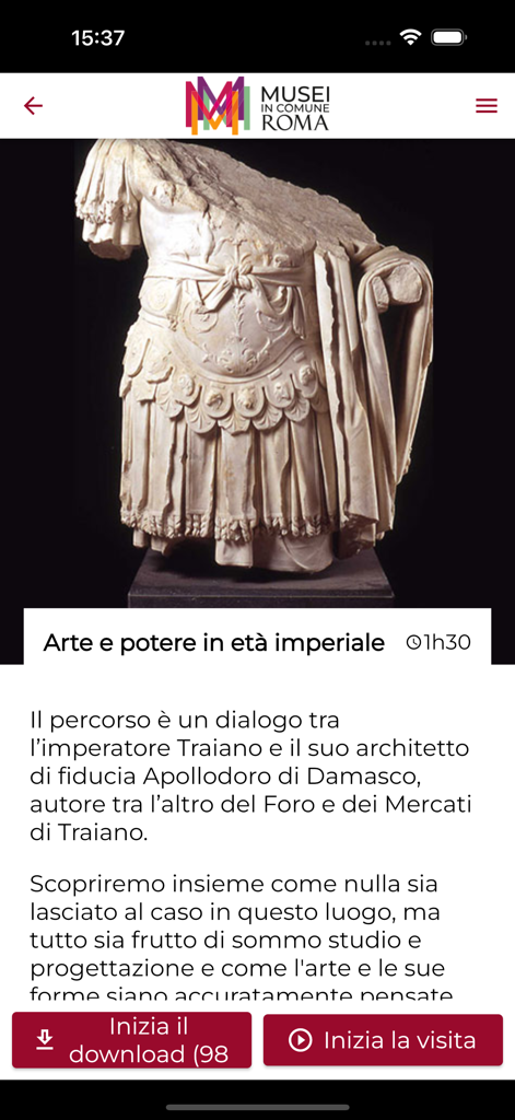 Mercati di Traiano Roma - Mercati di Traiano Roma app showing the imperial art tour with a Roman statue torso