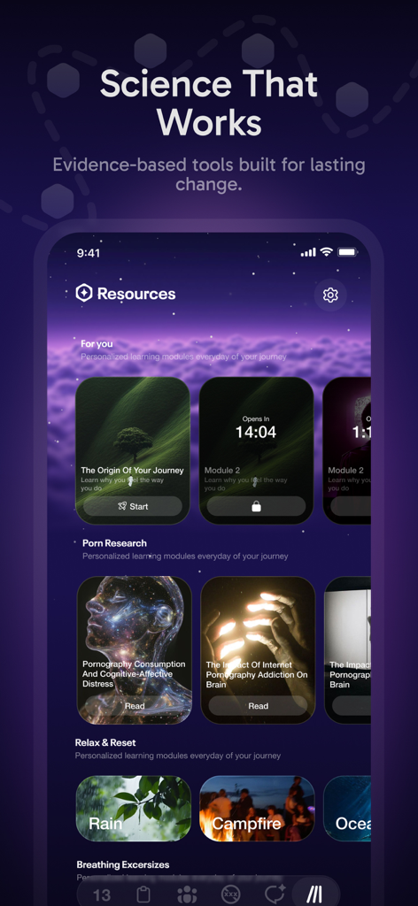 Overcomer app screen showing evidence based learning modules research articles and relaxation sounds