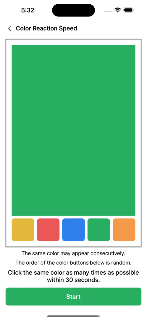 Reaction Speed Test - Prove it - Color reaction speed test interface showing a large green square and multiple color selection buttons