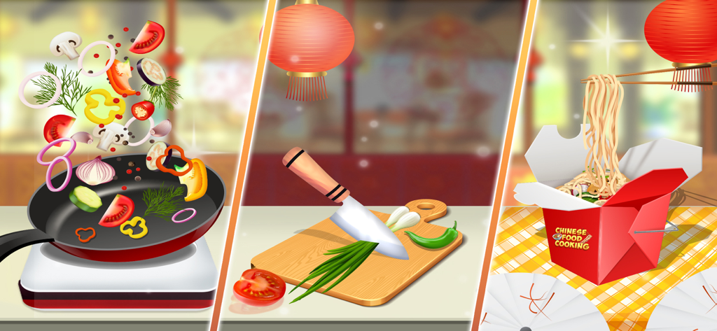 Chinese Food Maker Chef Games - Gameplay screenshots showing stir frying chopping vegetables and Chinese takeout noodles