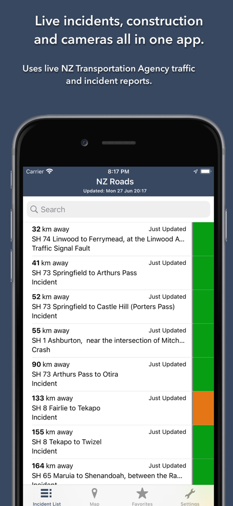 List view of real-time traffic incidents in New Zealand sorted by distance from the user location