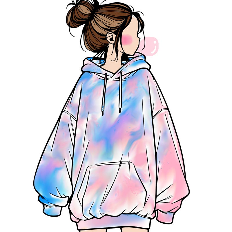 realistic girl with a oversized sweatshirt on and a bun