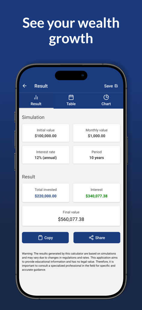 Compound Interest Pro - Una interfaz de aplicación móvil que muestra los resultados del crecimiento de la inversión, incluida la inversión total y el interés ganado durante diez años