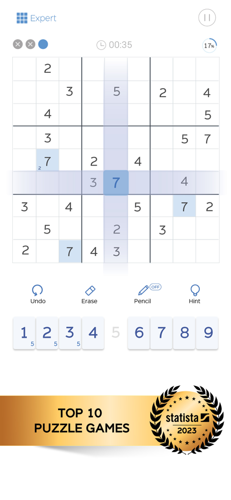 Sudoku: Classic Brain Puzzle - Sudoku classic brain puzzle gameplay screen showing an expert level board with game controls and a Statista 2023 award banner.