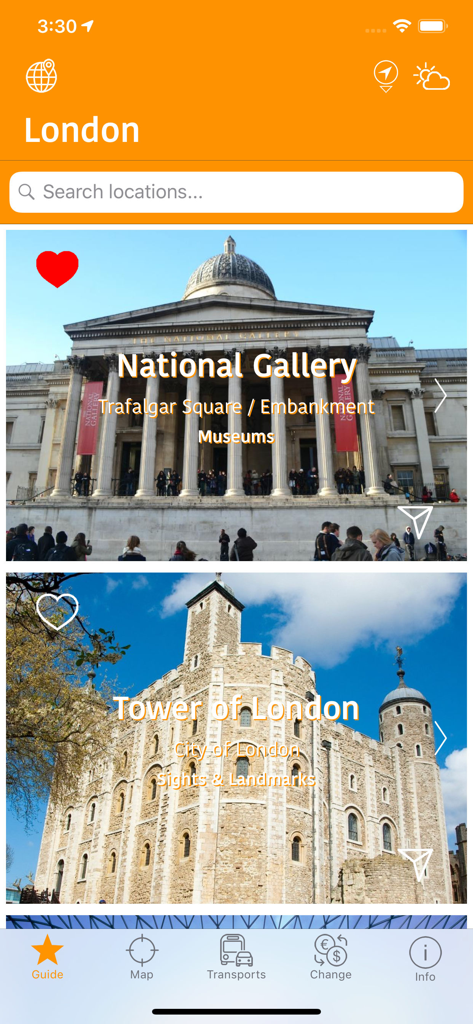 London Map and Travel Guide - 런던 지도 및 여행 가이드 앱이 내셔널 갤러리와 타워 오브 런던 랜드마크를 보여줌