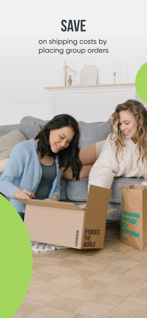 Two women opening a Coral Club product box together to save on shipping costs