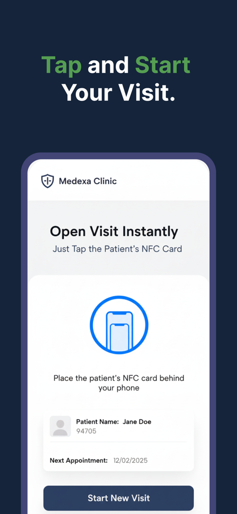 Medexa Jordan app interface showing NFC patient card check in process for medical visits
