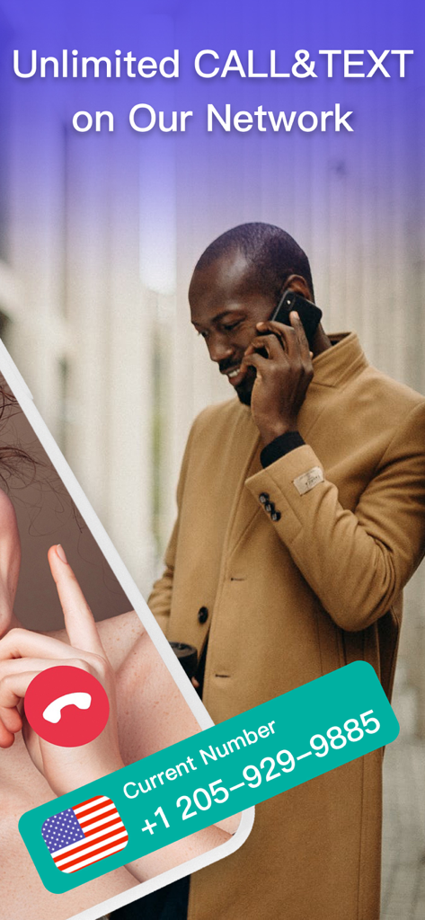 Hombre usando un segundo número de teléfono para llamadas y mensajes ilimitados con un número virtual de EE. UU.