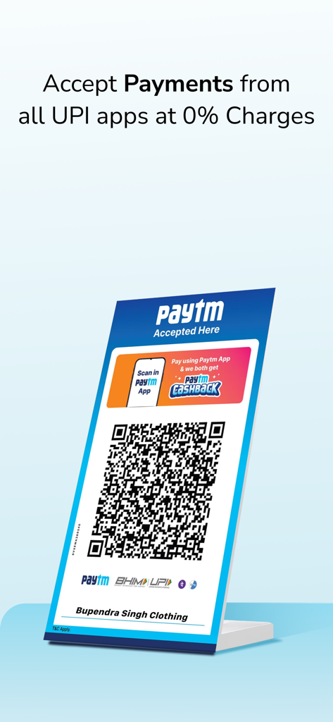 Paytm for Business QR code stand for accepting UPI payments at zero charges