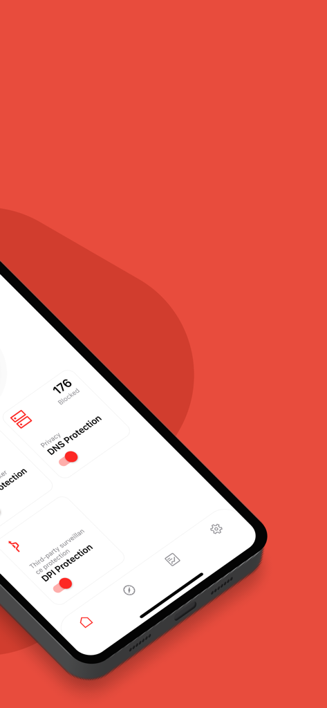 iPhoneに表示されるUnicorn Proアプリのインターフェースで、DNSとDPI保護機能を示しています