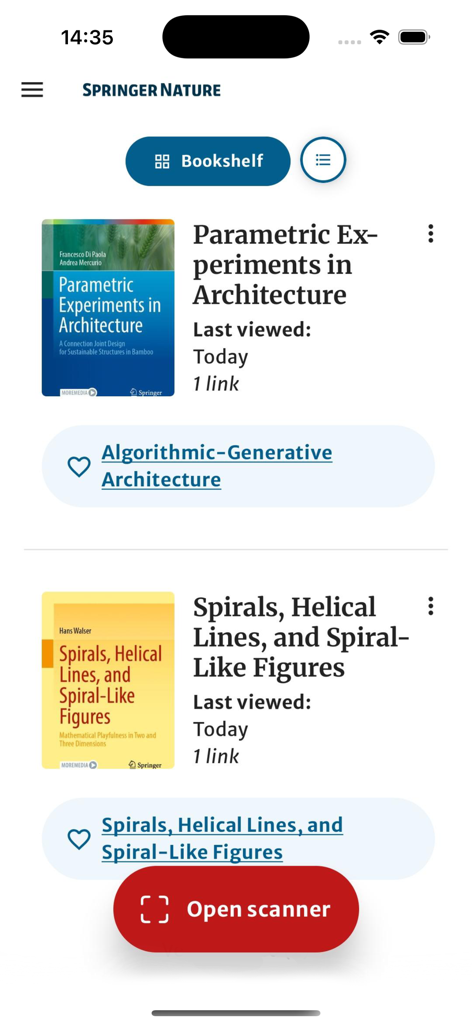 Springer Nature More Media app interface showing academic books in a bookshelf view with an open scanner button