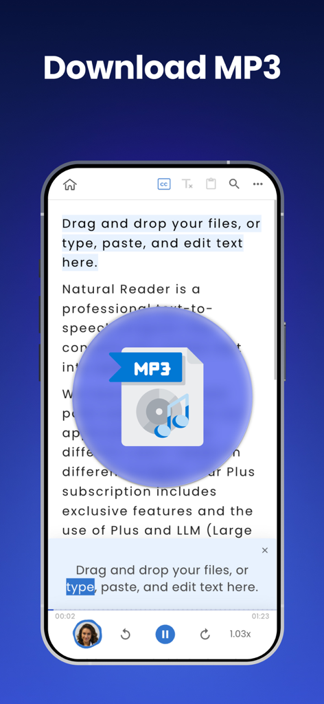 NaturalReader - Text To Speech - Interfaccia dell'app NaturalReader che mostra la funzione di download MP3 da testo a voce