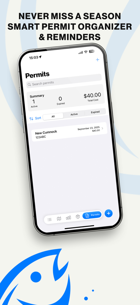 FishM - Fishing Log - A mobile interface for the FishM app showing the fishing permit organizer and summary dashboard with active licenses.