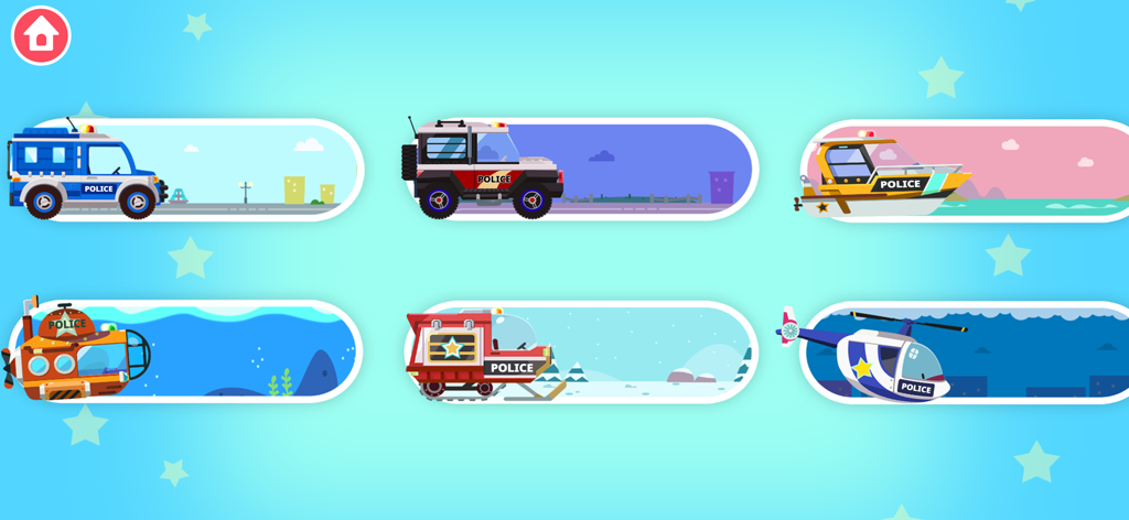 さまざまなゲーム環境で、バン、ジープ、ボート、潜水艦、スノーモービル、ヘリコプターを含む6種類のパトカーが描かれた選択メニュー