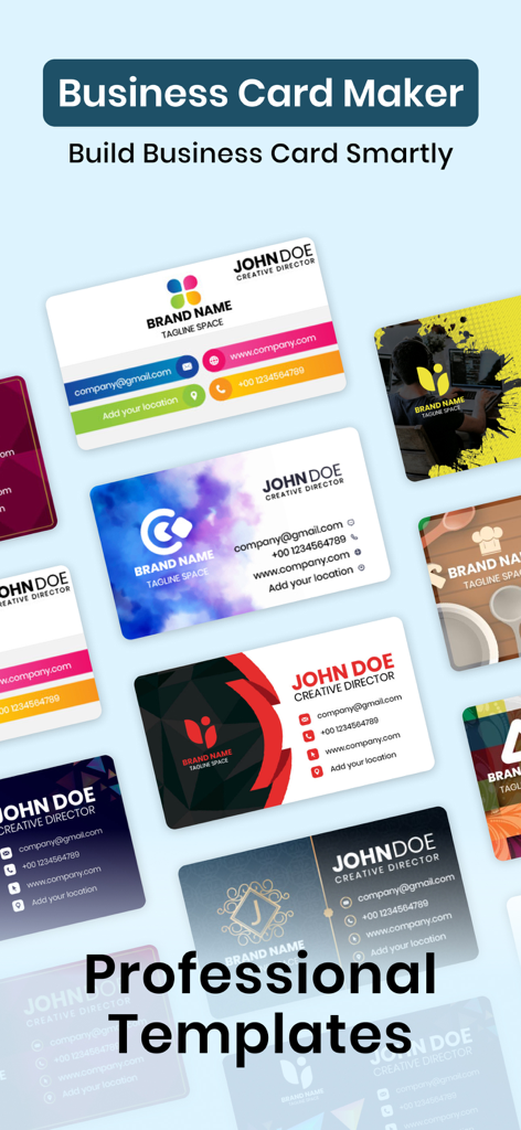 Vetrina di modelli di biglietti da visita professionali all'interno dell'app