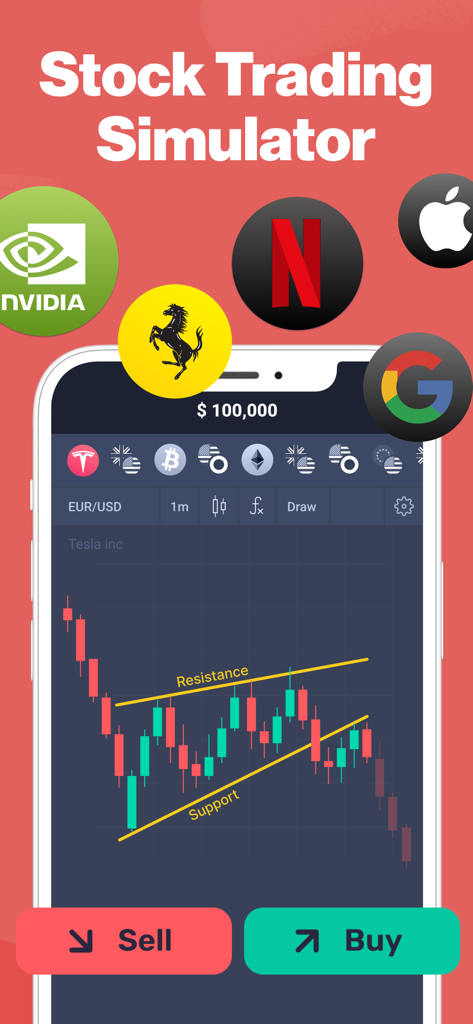 A mobile screen showing a stock trading simulator with candlestick charts and support and resistance lines.