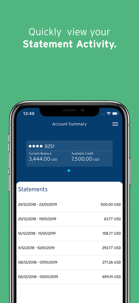 CitiManager – Corporate Cards - Pantalla de la aplicación móvil CitiManager que muestra la actividad del extracto de la tarjeta corporativa y el resumen de la cuenta