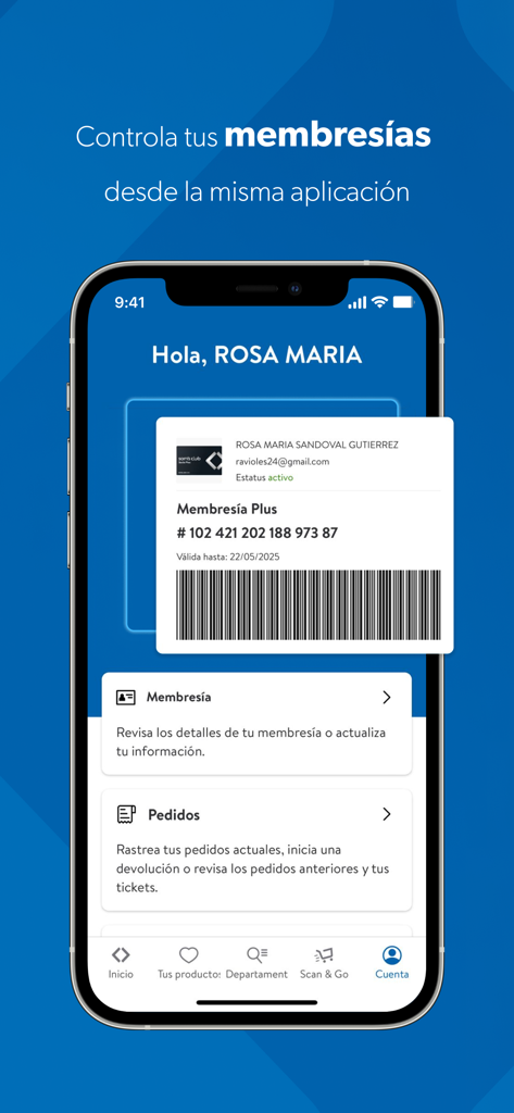 Digital membership card with barcode and account details on the Sam's Club México app interface.