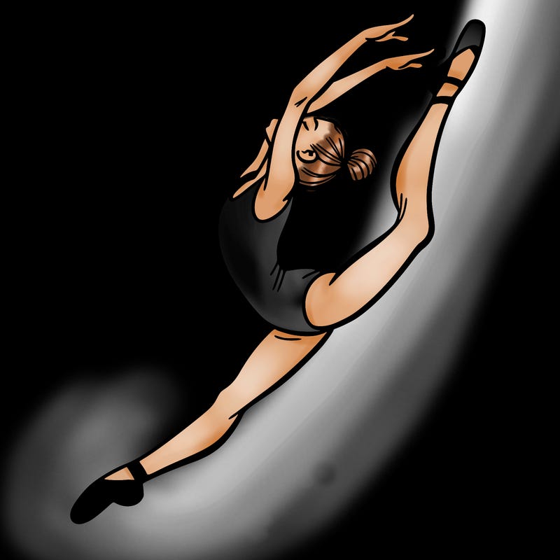 gymnast doing a leap in a leotard with a bent back leg
