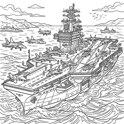 Explore the powerful world of naval aviation with this detailed aircraft carrier coloring page, designed especially for teens. Featuring numerous jets, helicopters, and a bustling deck, it offers an exciting and complex artistic challenge.