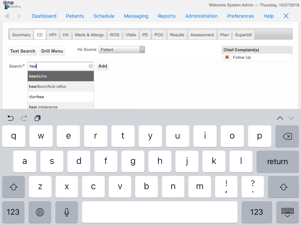 iPad-Bildschirm der OneTouch EMR App, der die Suche nach Patientensymptomen und Registerkarten für klinische Dokumentation anzeigt