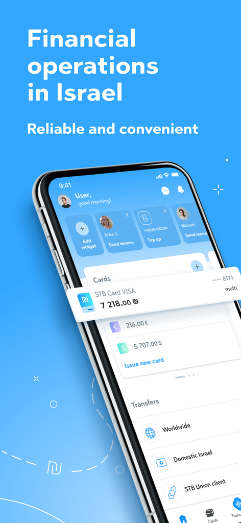 STB Union - Money transfer app - STB Union app interface showing multi-currency account balances and money transfer options in Israel.