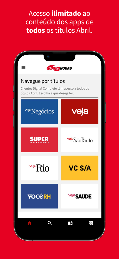 Quatro Rodas - Interface do aplicativo Quatro Rodas mostrando o menu de acesso para vários títulos de revistas da Editora Abril