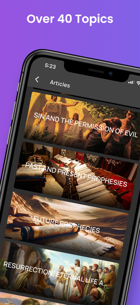 Bildschirm einer mobilen App, der eine Liste von Bibelstudienthemen wie Prophezeiungen und Auferstehung zeigt
