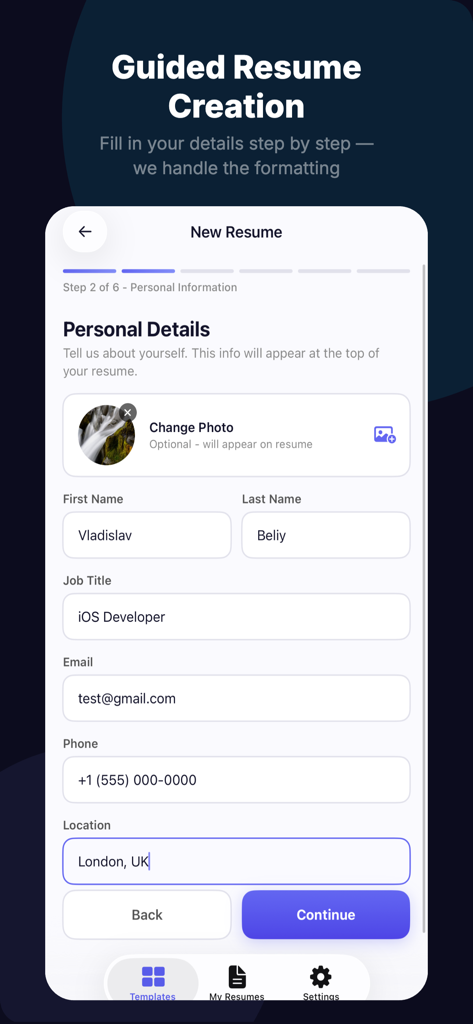 Guided resume creation screen showing personal information fields in the ResumeAI app