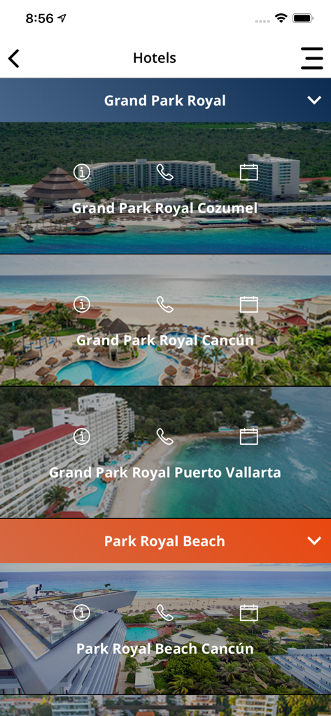 Park Royal Hotels & Resorts - Park Royal app hotel locations list with booking and contact options