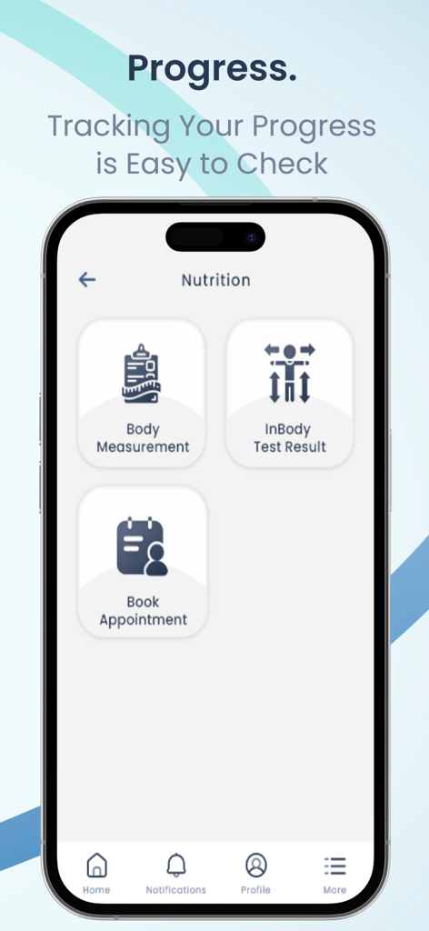 MasterFit - MasterFit app screen showing options for body measurement, InBody test results, and booking appointments.