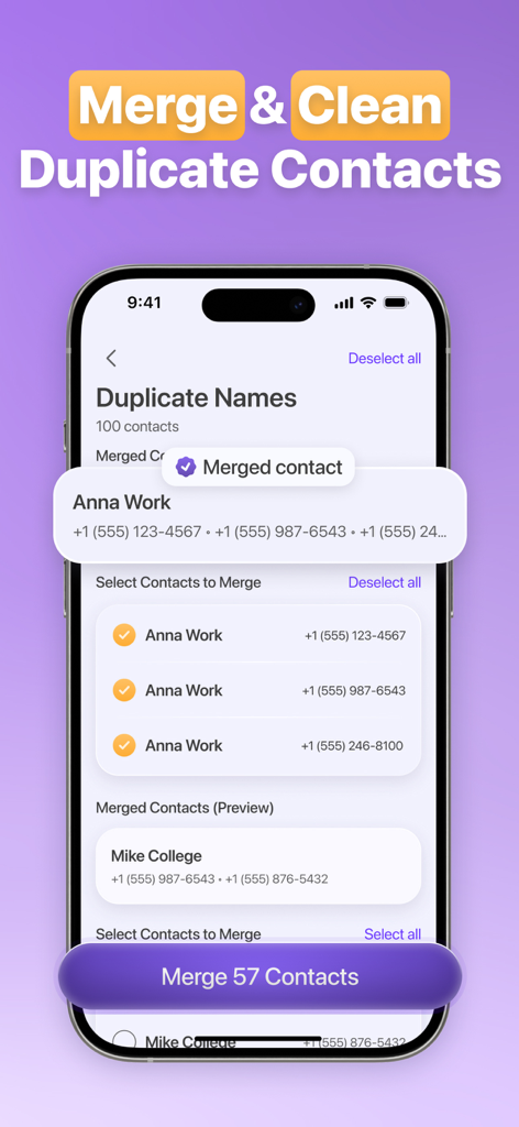 Memorra Cleaner app interface showing the merge and clean duplicate contacts feature on an iPhone.