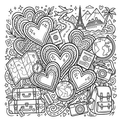 Unpack your creativity with this enchanting coloring page featuring shimmering glitter hearts intertwined with a dynamic vacation and travel theme. Discover passports, suitcases, world landmarks, and more, ready for your artistic touch.