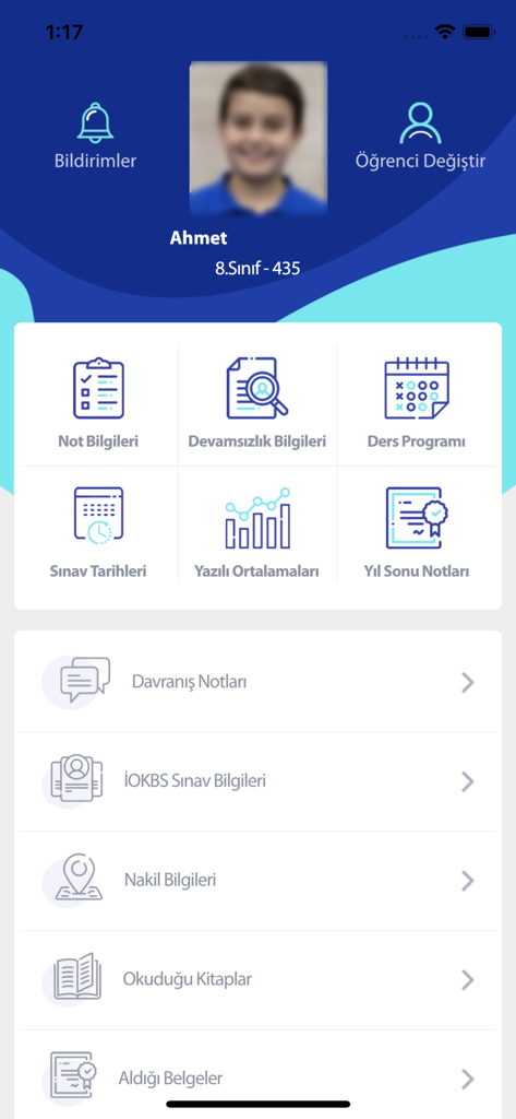 Dashboard of the MEB E-OKUL VBS app featuring student information and educational record icons