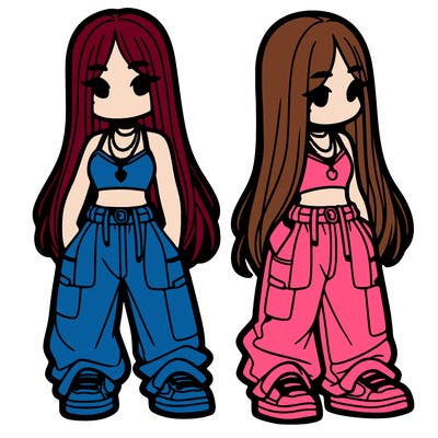 girl in baggy pants crop top and long hair