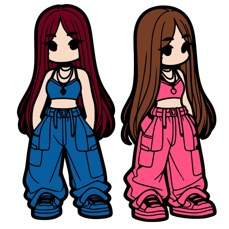 girl in baggy pants crop top and long hair