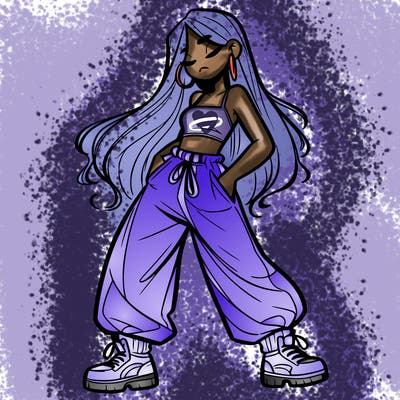 girl in baggy pants crop top and long hair