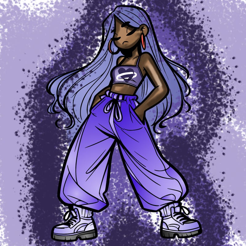 girl in baggy pants crop top and long hair