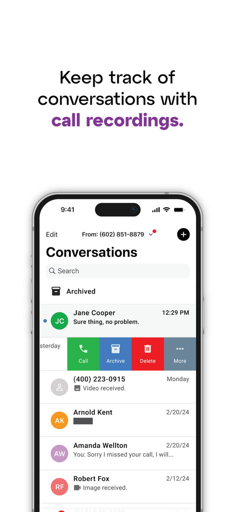 Grasshopper mobile app showing business conversation history and call management features.