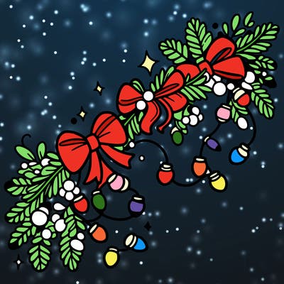 christmas garland: decorated with lights and ribbons..simple vector art