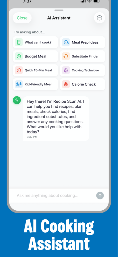 AI Cooking Assistant screen in the RecipeScan app featuring chat interface and meal planning suggestions