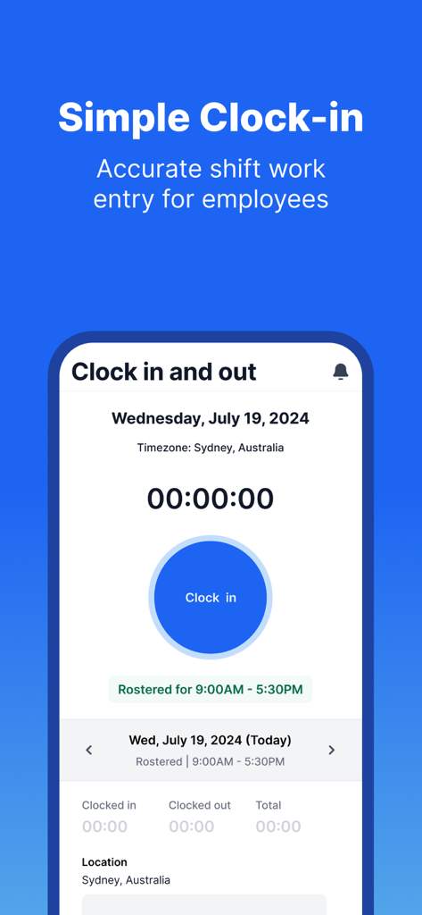 Interface do recurso de registro de ponto de entrada e saída de funcionários mostrando um botão azul simples para entrada precisa de turnos