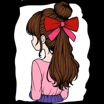 realistic girl  with hip length hair a bun and a big bow on the back of head