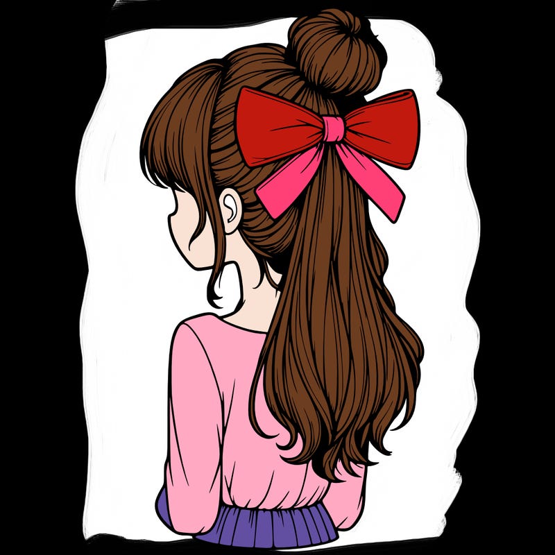 realistic girl  with hip length hair a bun and a big bow on the back of head