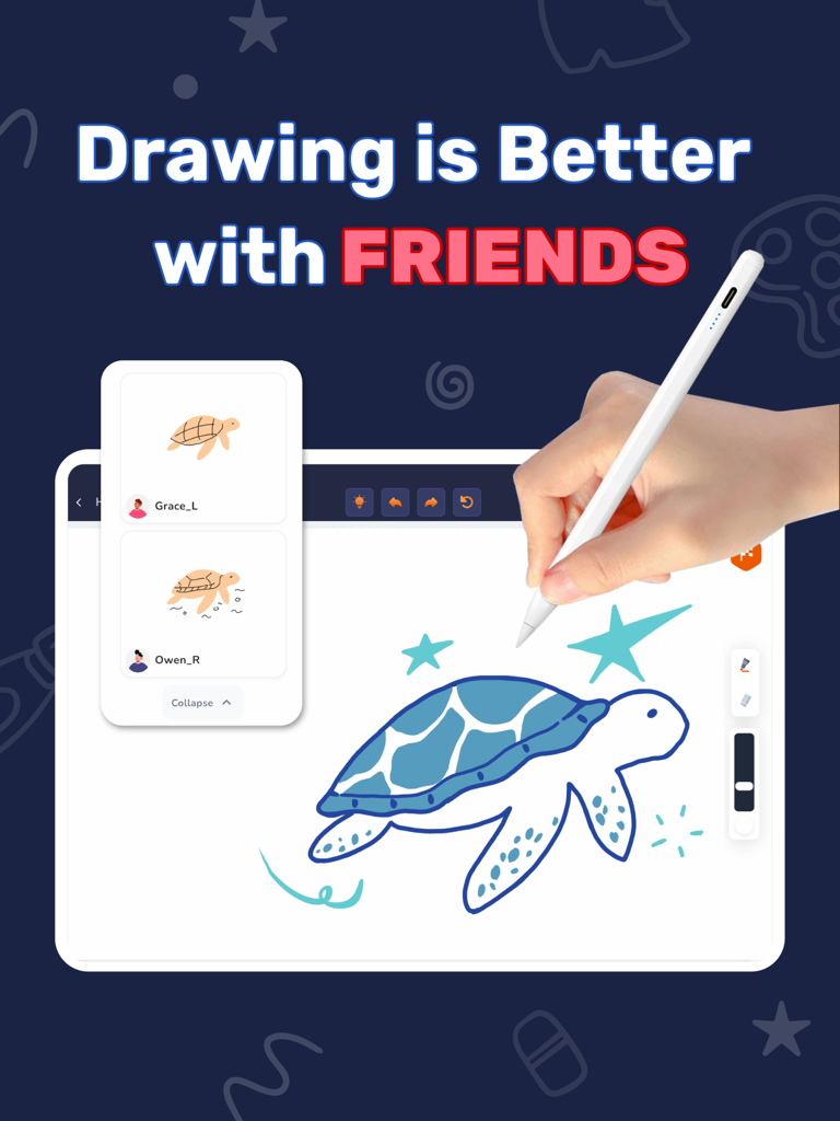 A user drawing a turtle on an iPad with the Artlexis multiplayer mode showing friend progress